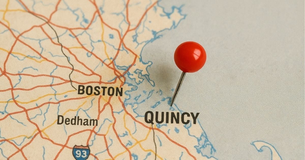 A map with pin in it on Quincy Massachusetts