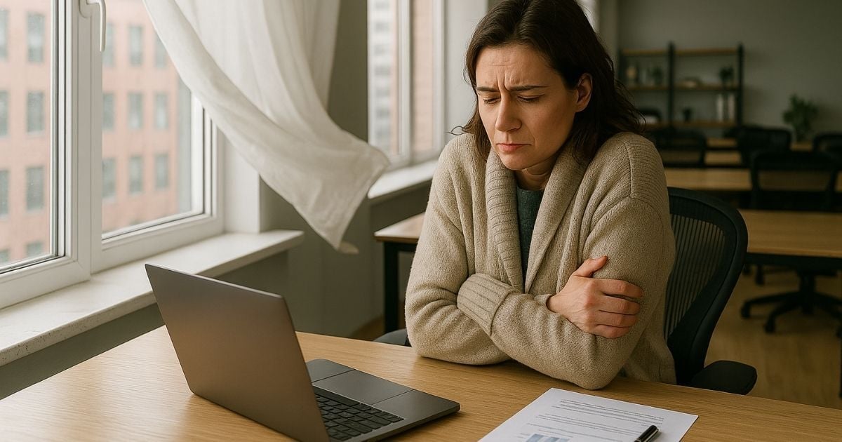 A woman bundled up cold at her desk because of the drafty windows at her office.