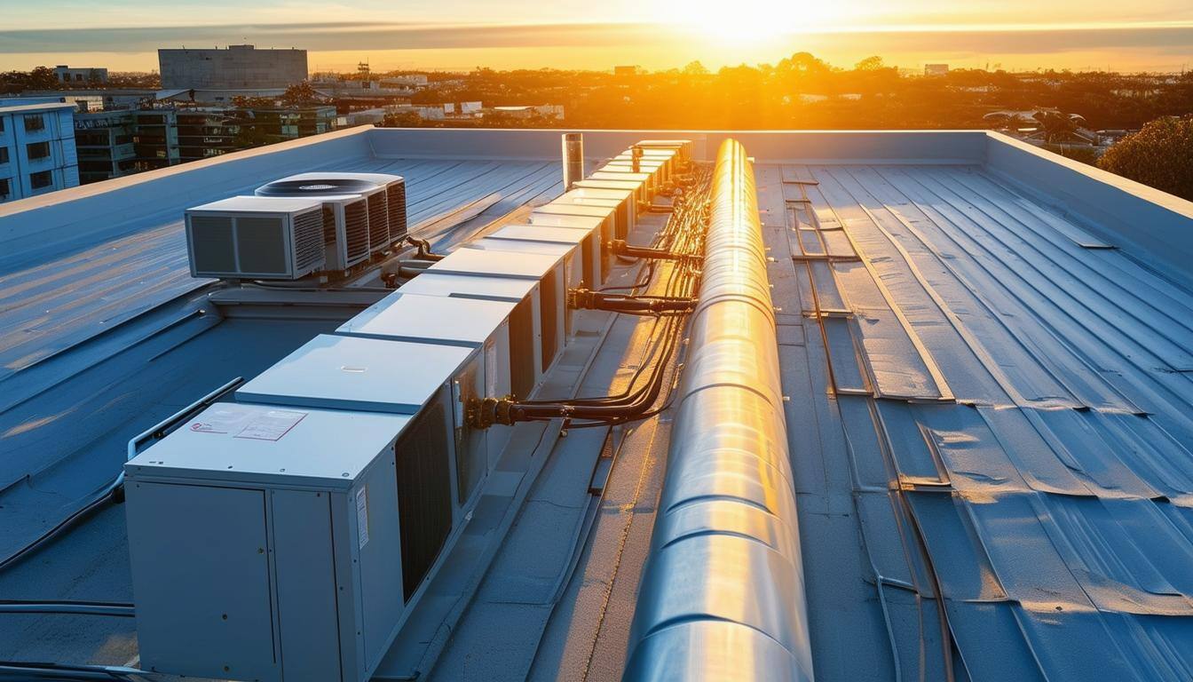 OUTDOOR on a rooftop sun shining upon the roof you can see a VRF system on the commercial building You can see the pipes supply