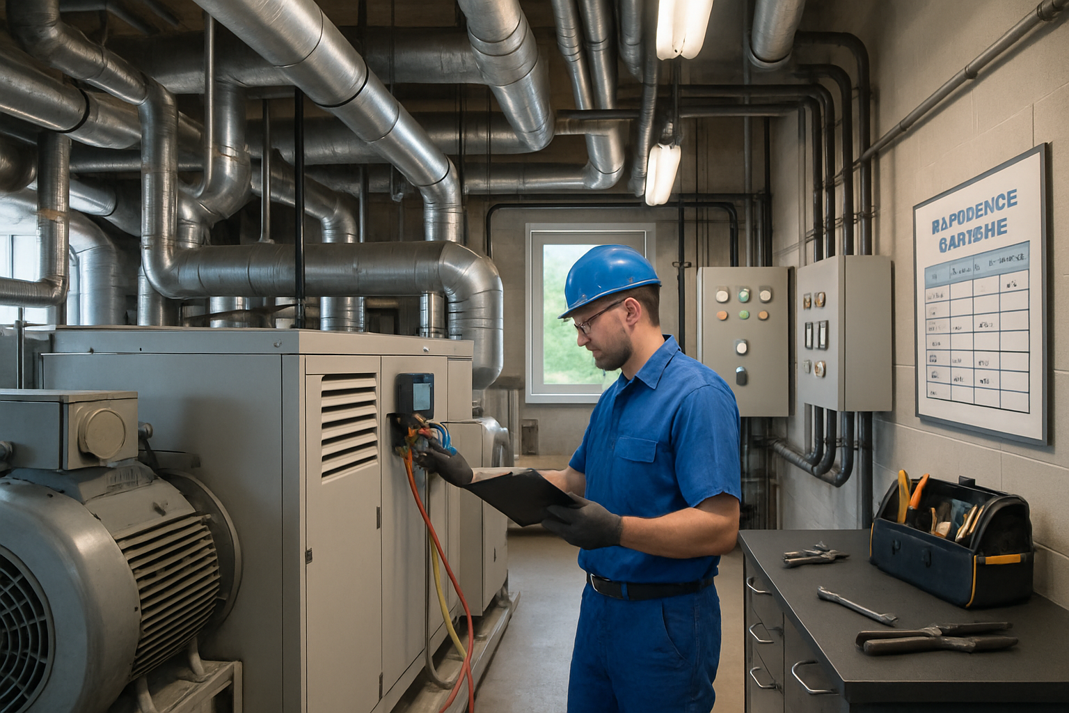 The image depicts a busy mechanical room within a commercial building filled with various HVAC equipment In the foreground a technician dressed in a b-1
