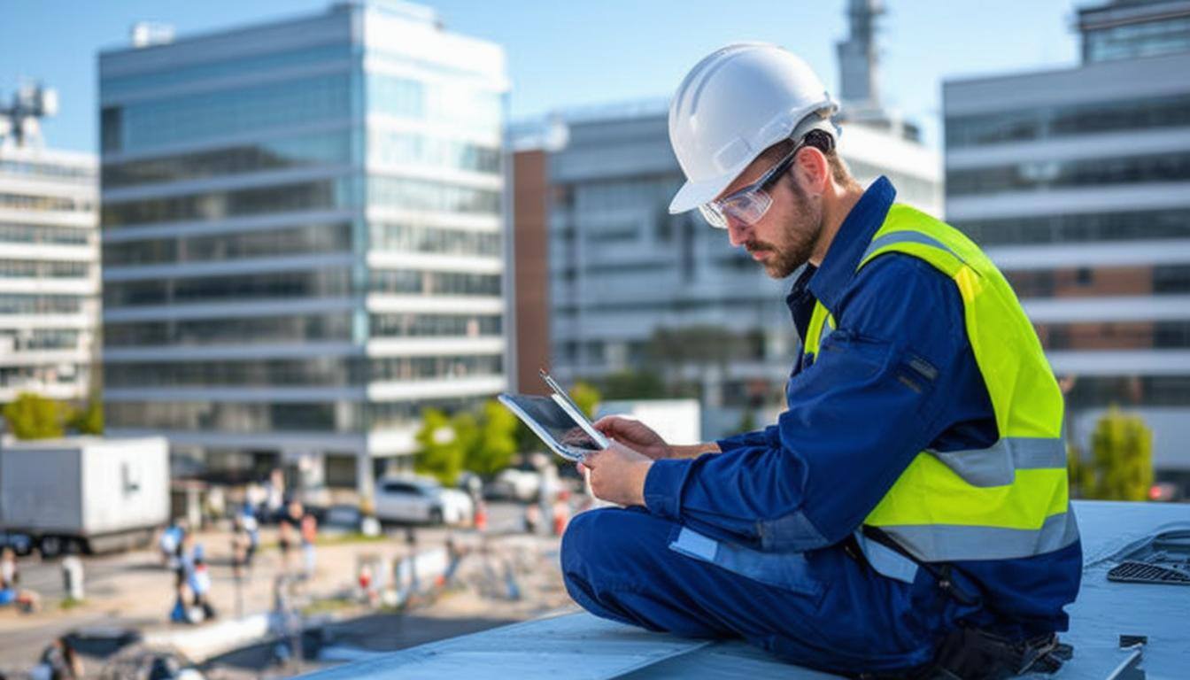 HVAC Tech on a roof with a city in the background