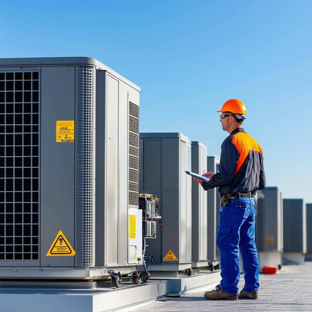 HVAC Tech inspecting Rooftop Units