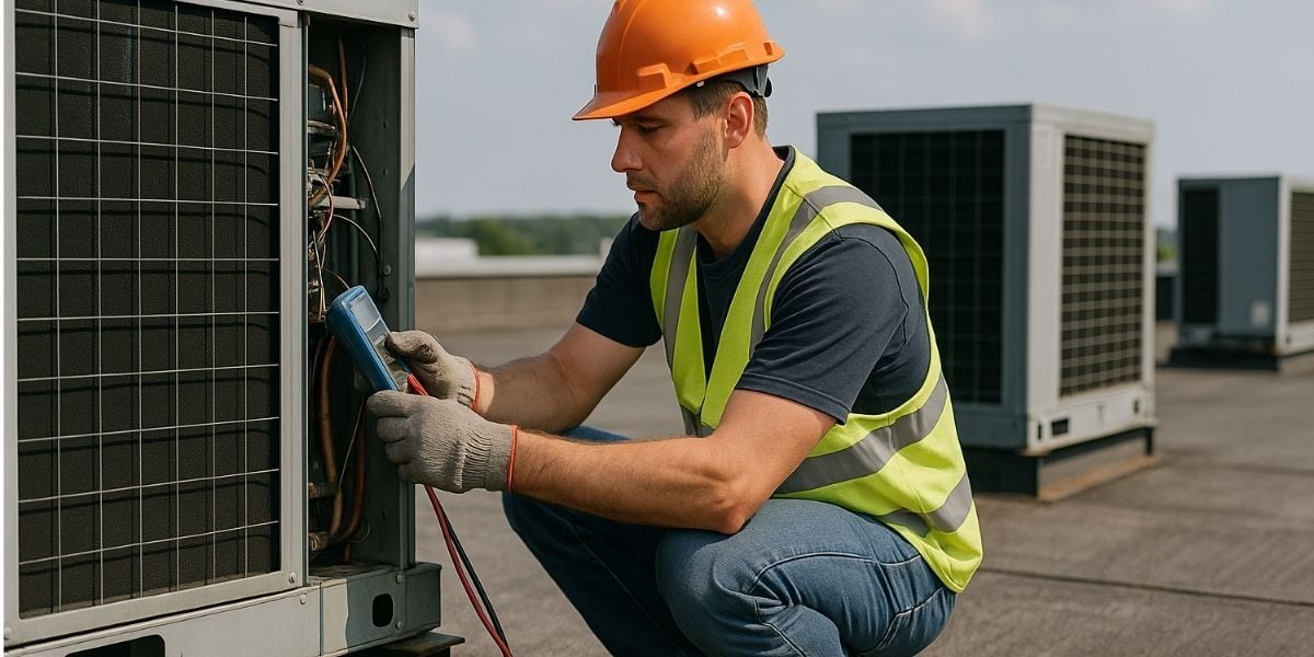 HVAC Service Tech working on a commercial rooftop unit