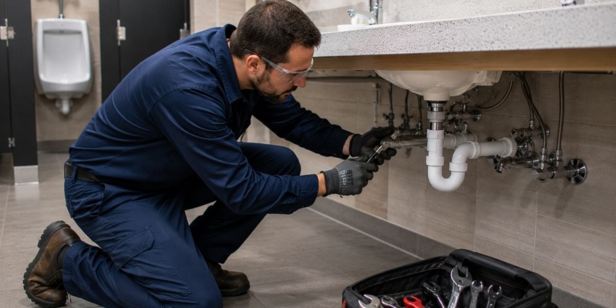 Plumber fixing sink in a commercial building