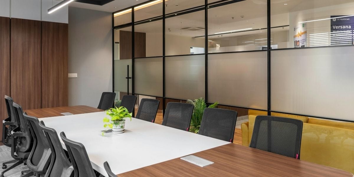 Inside a commercial office building that may need preventative maintenance to keep at a comfortable temperature