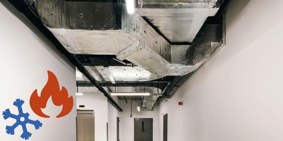 HVAC system in a commercial building with a heat and cooling symbol representing the two sides that need separate maintenance
