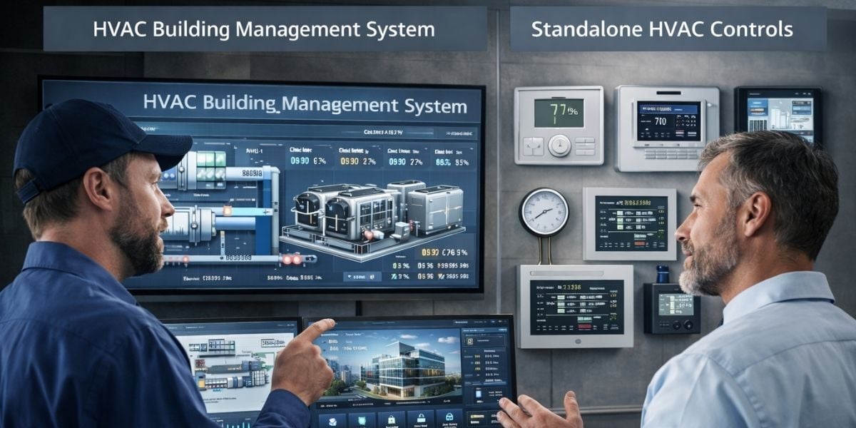 Facility manager and HVAC technician talking over the differences between Standalone controls and a Building Management System for a commercial building