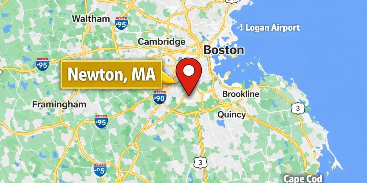 Map pointing at Newton, MA representing the area in the article