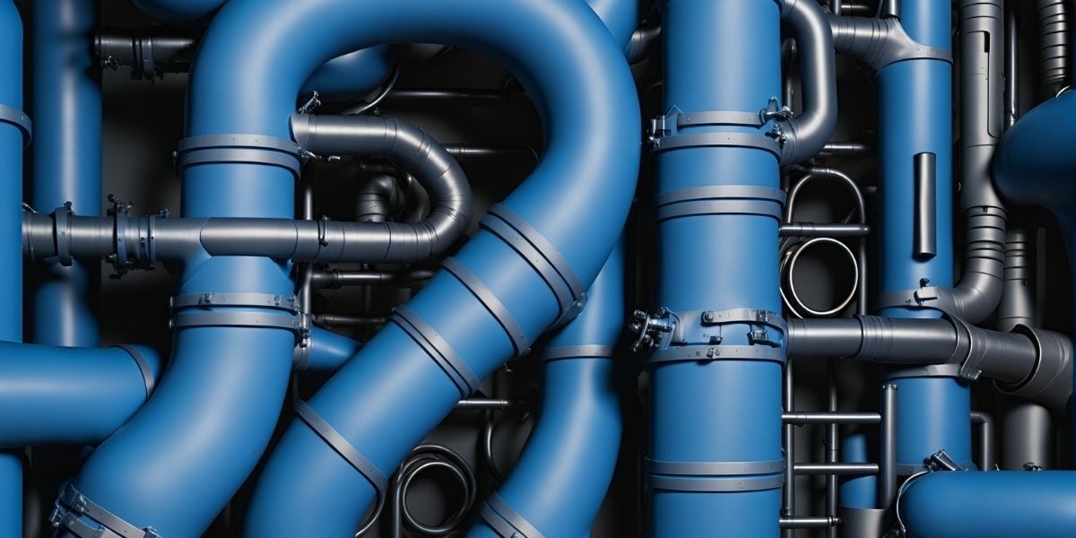 Pipes representing a plumbing system of a commercial building in Waltham, MA