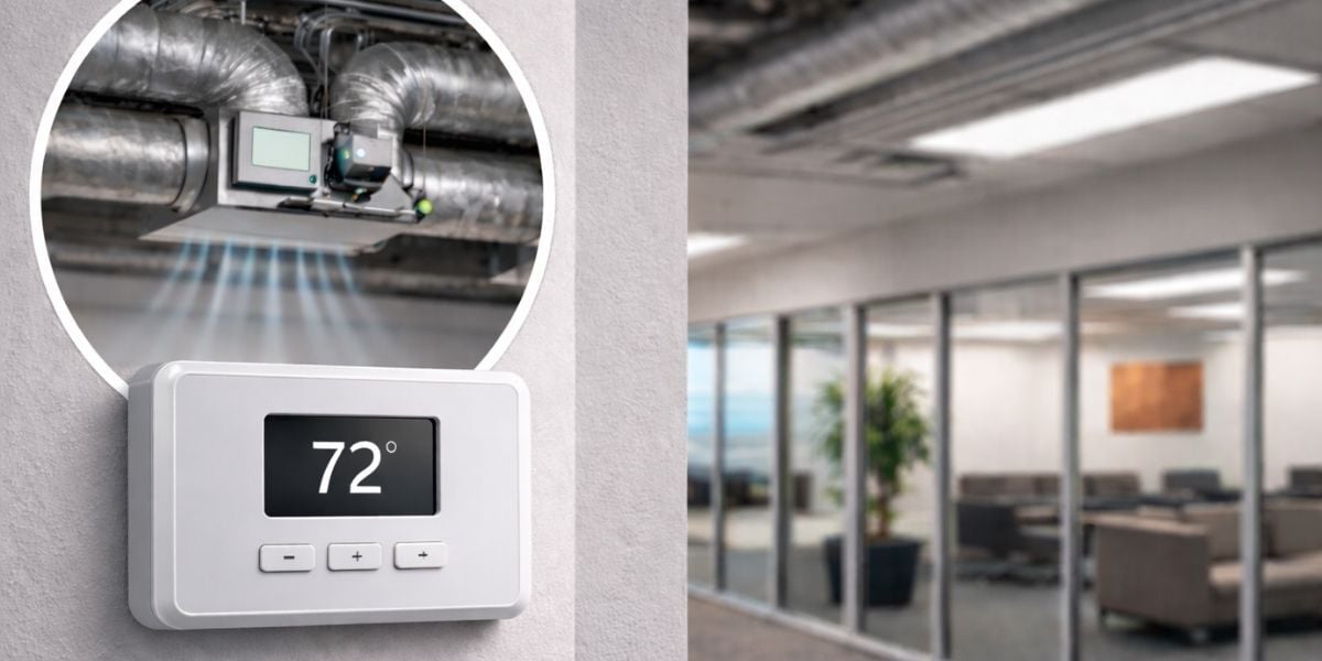 Thermostat in a commercial building showing that the zone is at 72 degrees