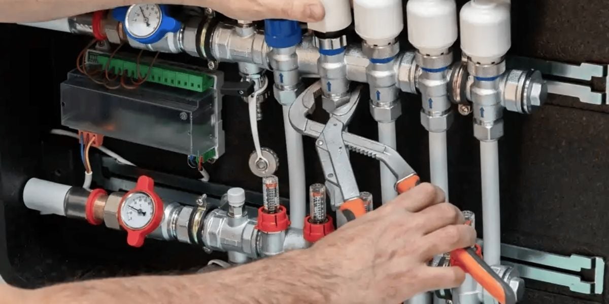 Plumber doing service work on a commercial buildings plumbing system in Newton, MA