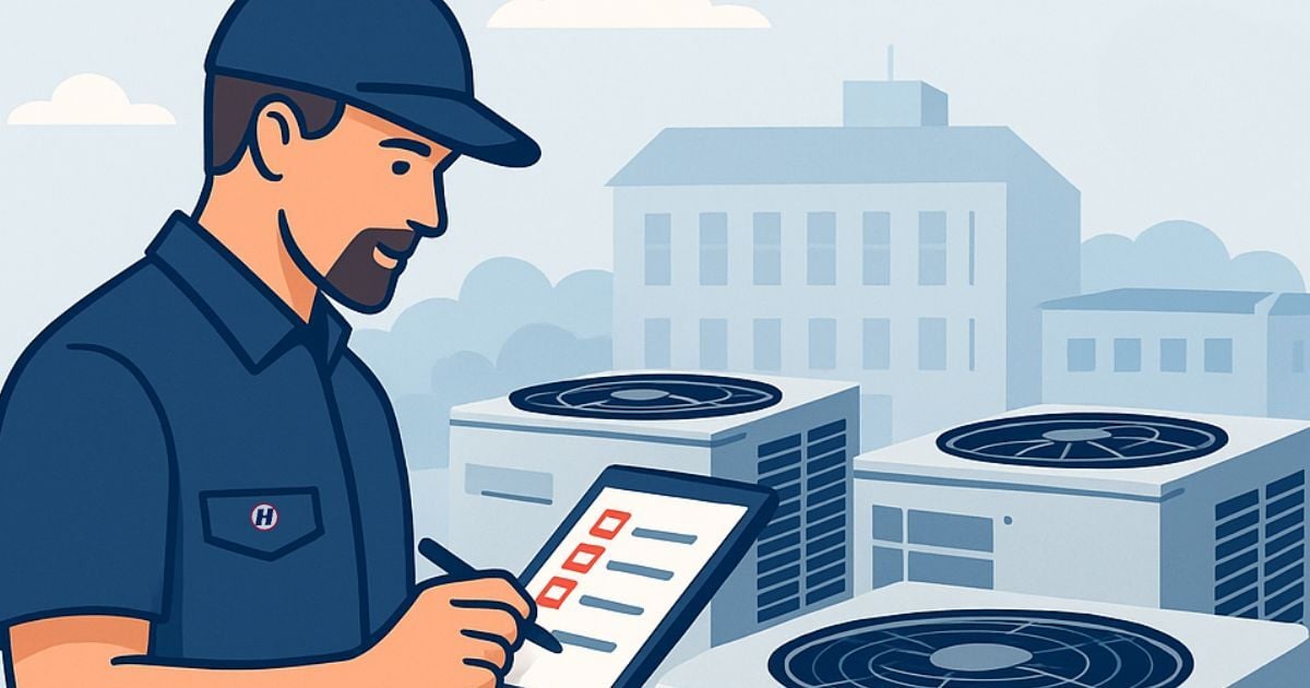 Illustrated HVAC technician in a navy uniform inspecting rooftop air conditioning units with a digital checklist tablet, symbolizing preventative maintenance and professional service.