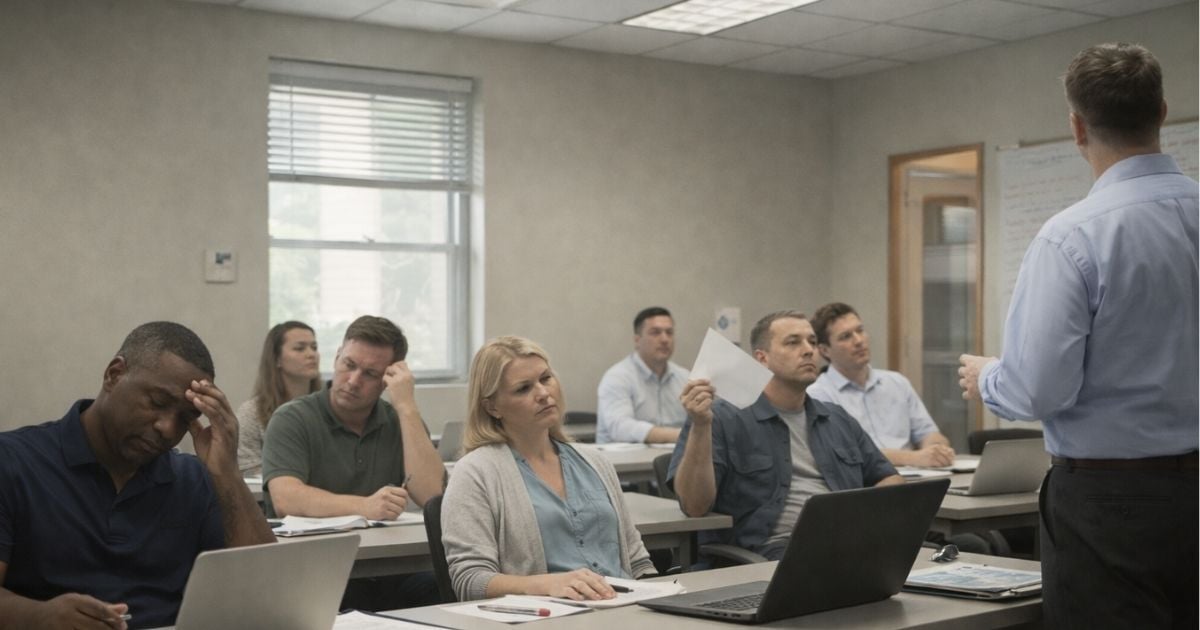 A classroom with tired and frustrated people, owing to the effects of the heavy and stale air