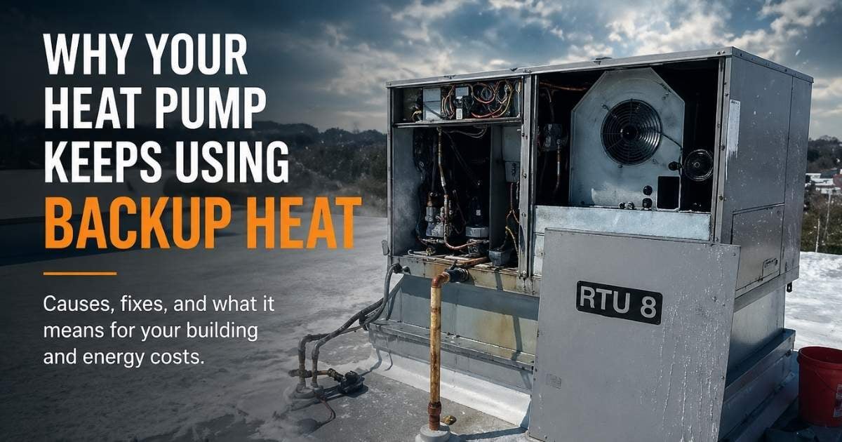 Commercial rooftop HVAC unit with open panel in cold conditions, illustrating system strain and increased reliance on backup heat