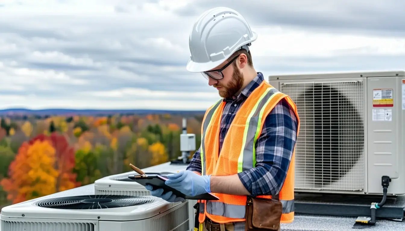 HVAC technician inspecting rooftop HVAC units