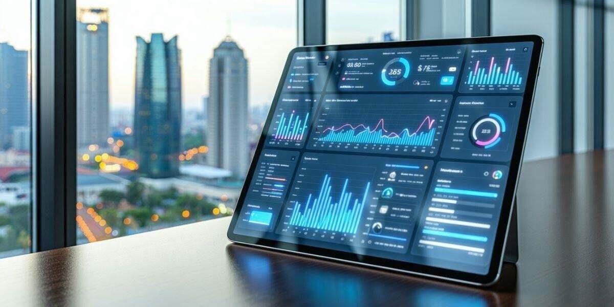 A tablet on a desk in an office with windows overlooking a busy street