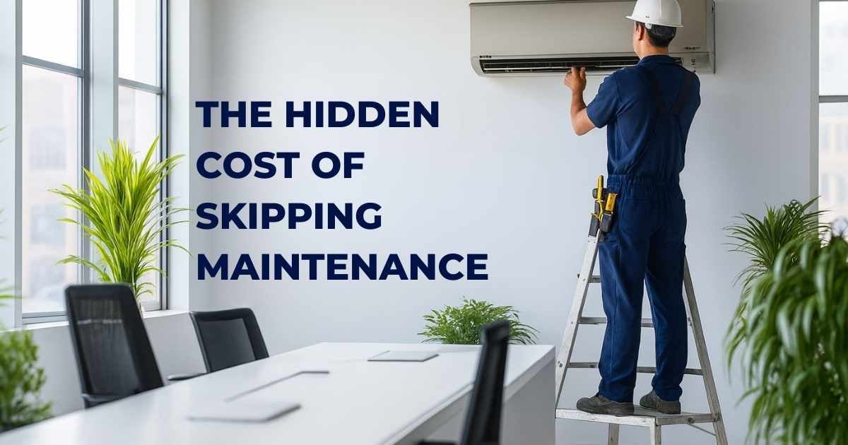 An HVAC tech performing maintenance in an office with the words 