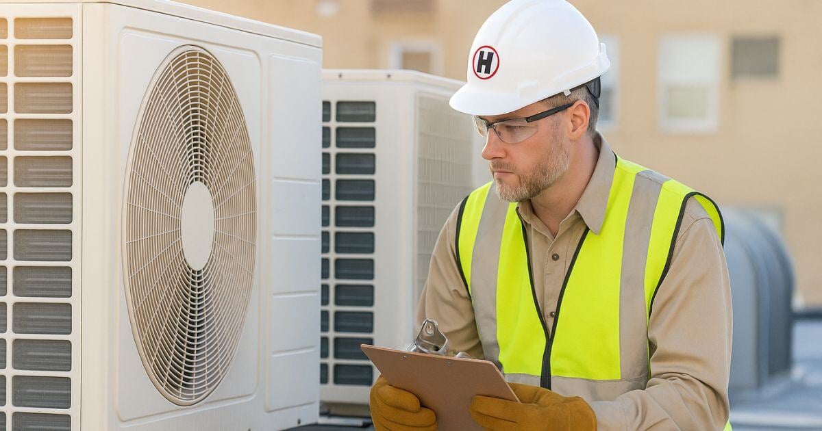 Technician looking at rooftop unit while wearing all PPE and holding clipboard