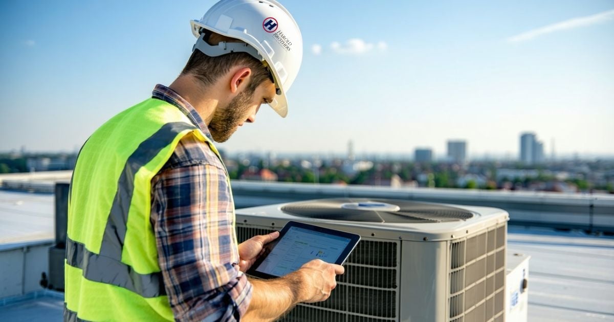 Man with Harold Brothers Gear on roof looking at tablet-1