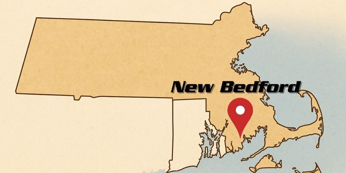 A Map of Massachusetts with a locator beacon above New Bedford