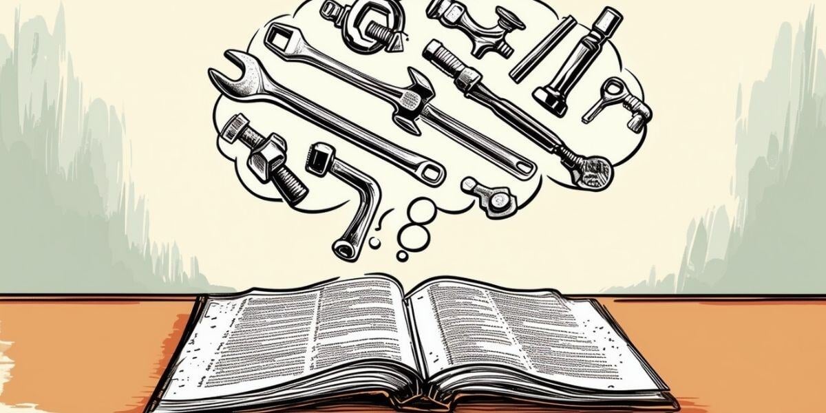 A cartoon of an open book dreaming up all the different tools for mechanical contractors