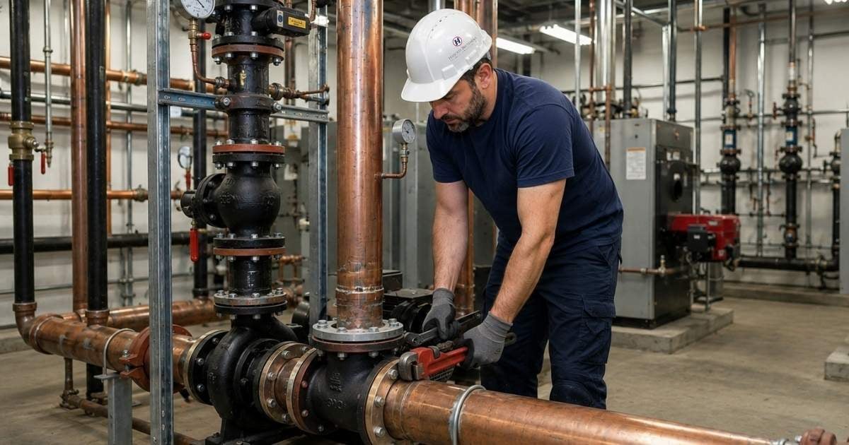 Commercial plumbing technician wearing a white hard hat and gloves repairing copper piping inside a commercial mechanical room with boilers, valves, pumps, and industrial plumbing equipment.