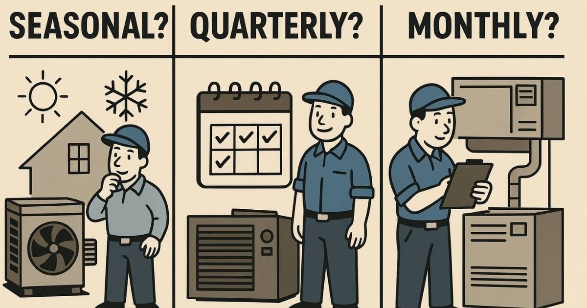 A cartoon image displaying three panels, each representing a different option, one with the sun and snowflake representing seasonal, one with a calendar representing quarterly and one with a man and the equipment representing a more regular approach with monthly 