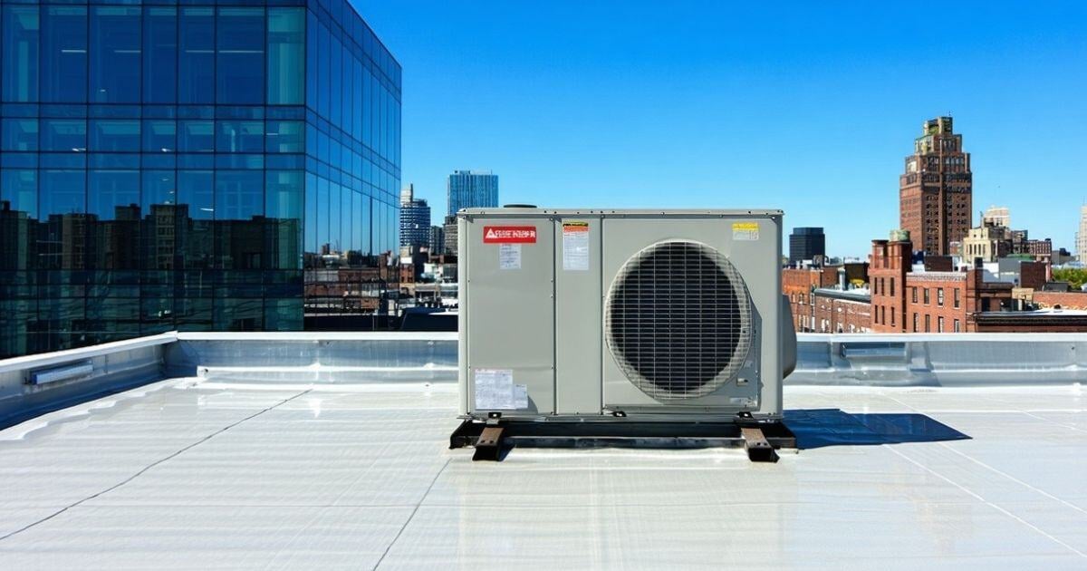 Rooftop unit with city in the background