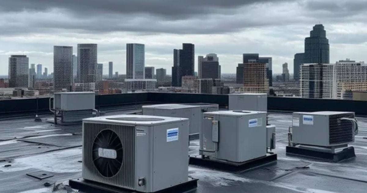 Rooftop Units with a grey city scape in the background