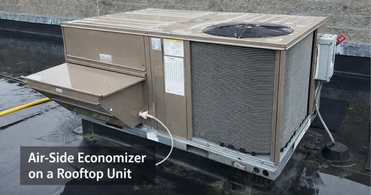 A rooftop HVAC Unit with the economizer labeled