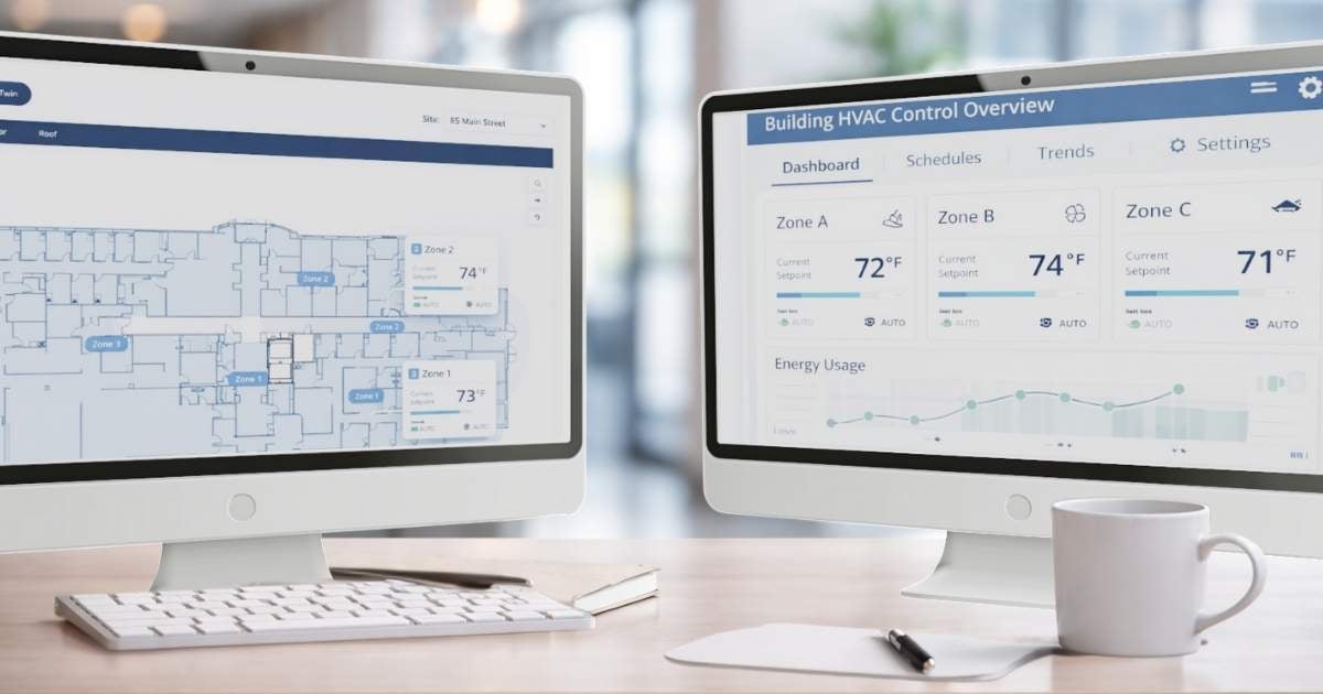 Desk with screens showing the controls for the building