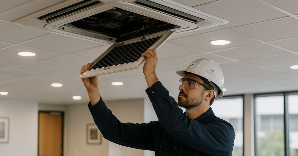 HVAC technician in hard hat and safety glasses performing preventative maintenance on a ceiling AC unit inside a modern commercial office.