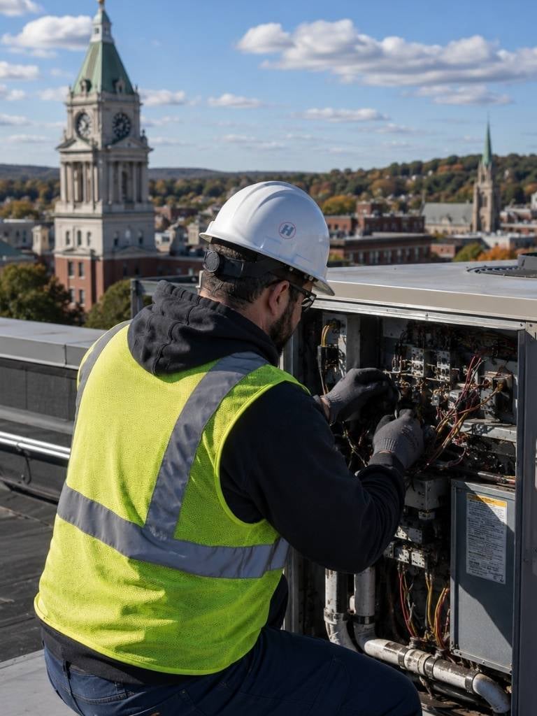 Commercial HVAC technician servicing a rooftop HVAC unit on a commercial building in Southern New Hampshire.
