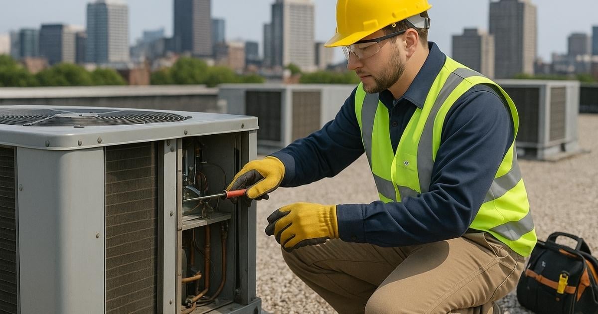 Tech on a rooftop performing preventive maintenance on a commercial HVAC system