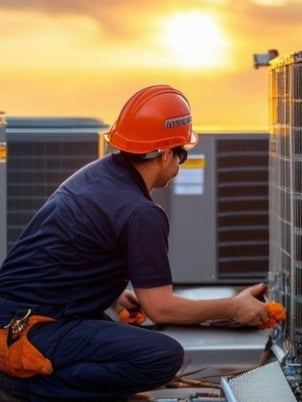 Technician on roof doing preventative maintenance work on a commercial building