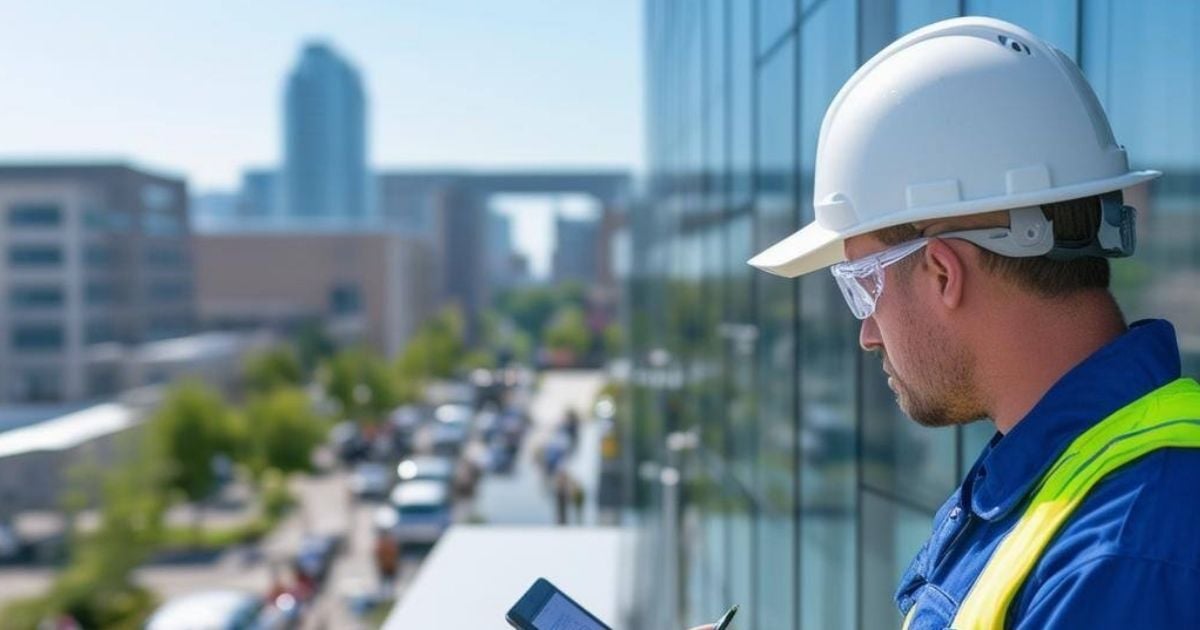 Technician outside of office building in the city
