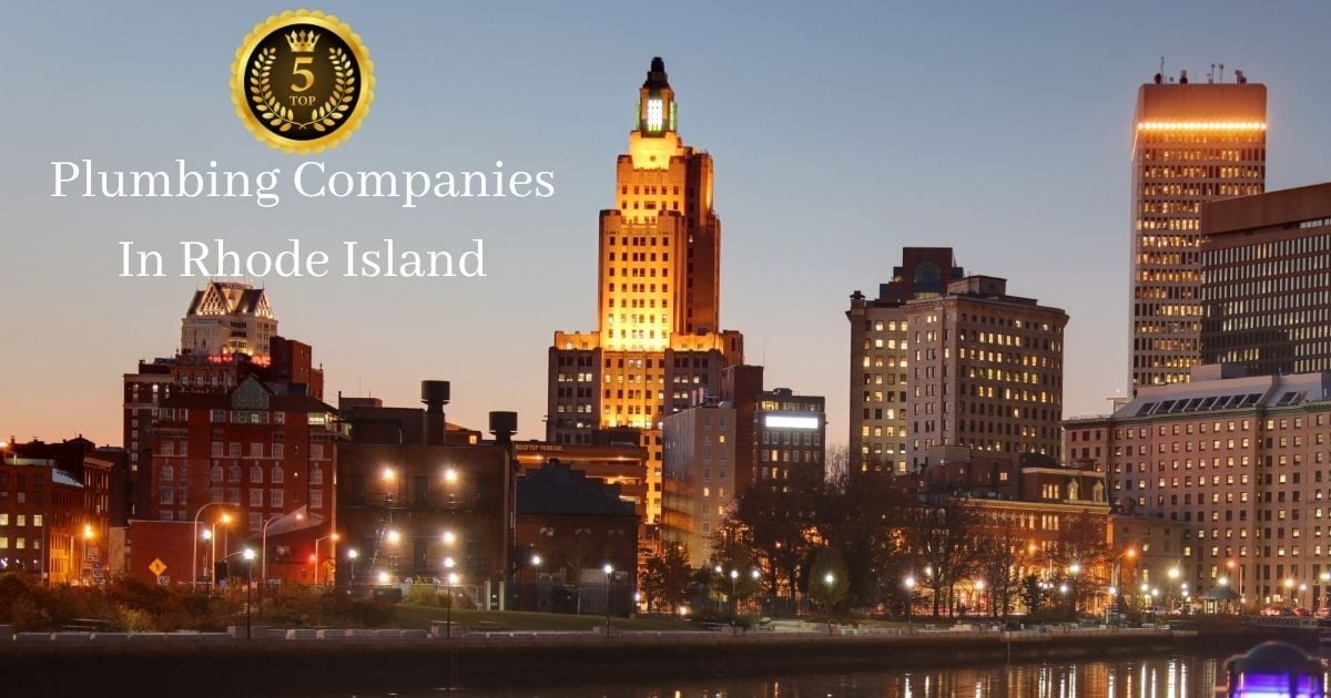Downtown Providence skyline at sunset with text overlay reading ‘Top 5 Plumbing Companies in Rhode Island’ and a gold badge graphic.