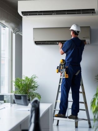 HVAC service technician working on an HVAC unit during a preventative maintenance call for a commercial building