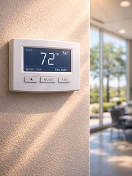 Thermostat in a commercial building placed where the sun is on it, so it reads the room at a warmer temperature.