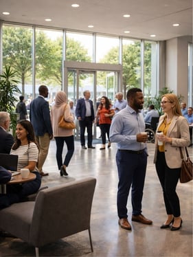 A lot of people, doors, and lights in the lobby of a commercial building that can cause irregular heating.