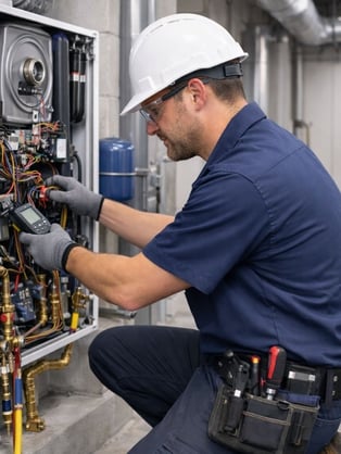 HVAC service technician doing preventative maintenance work for a commercial building