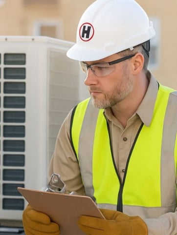 HVAC technician checking rooftop unit after getting a call about short-cycling