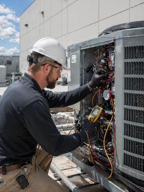 Commercial HVAC service technician working on a commercial HVAC system