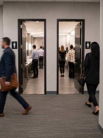 People in and out of a commercial buildings restrooms, representing heavy use of the plumbing system