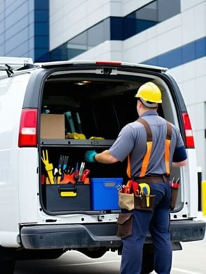 A service tech unloading his van to do preventative maintenance work for a commercial building