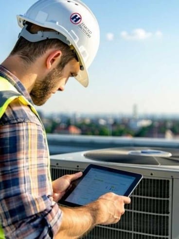 Commercial HVAC service technician working on a rooftop unit