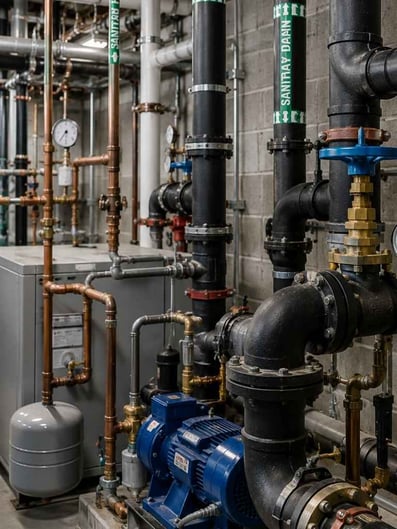 A commercial buildings plumbing pipes