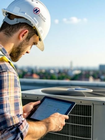 HVAC technician doing a preventative maintenance check on a commercial HVAC unit
