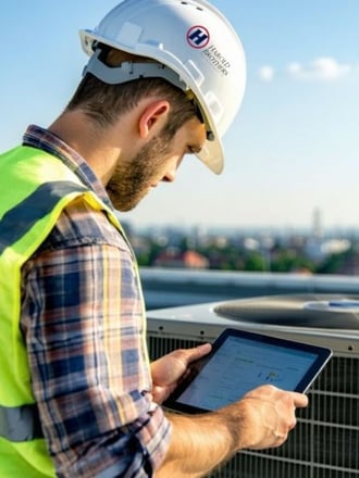 HVAC Technician working on the roof of a commercial building and checking the HVAC unit