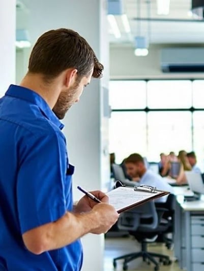 Office with workers working while Technician checks off list for preventative maintenance